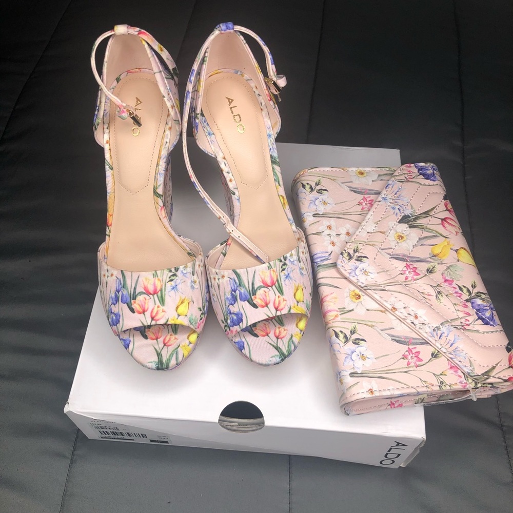 Colorful floral wedges with matching clutch